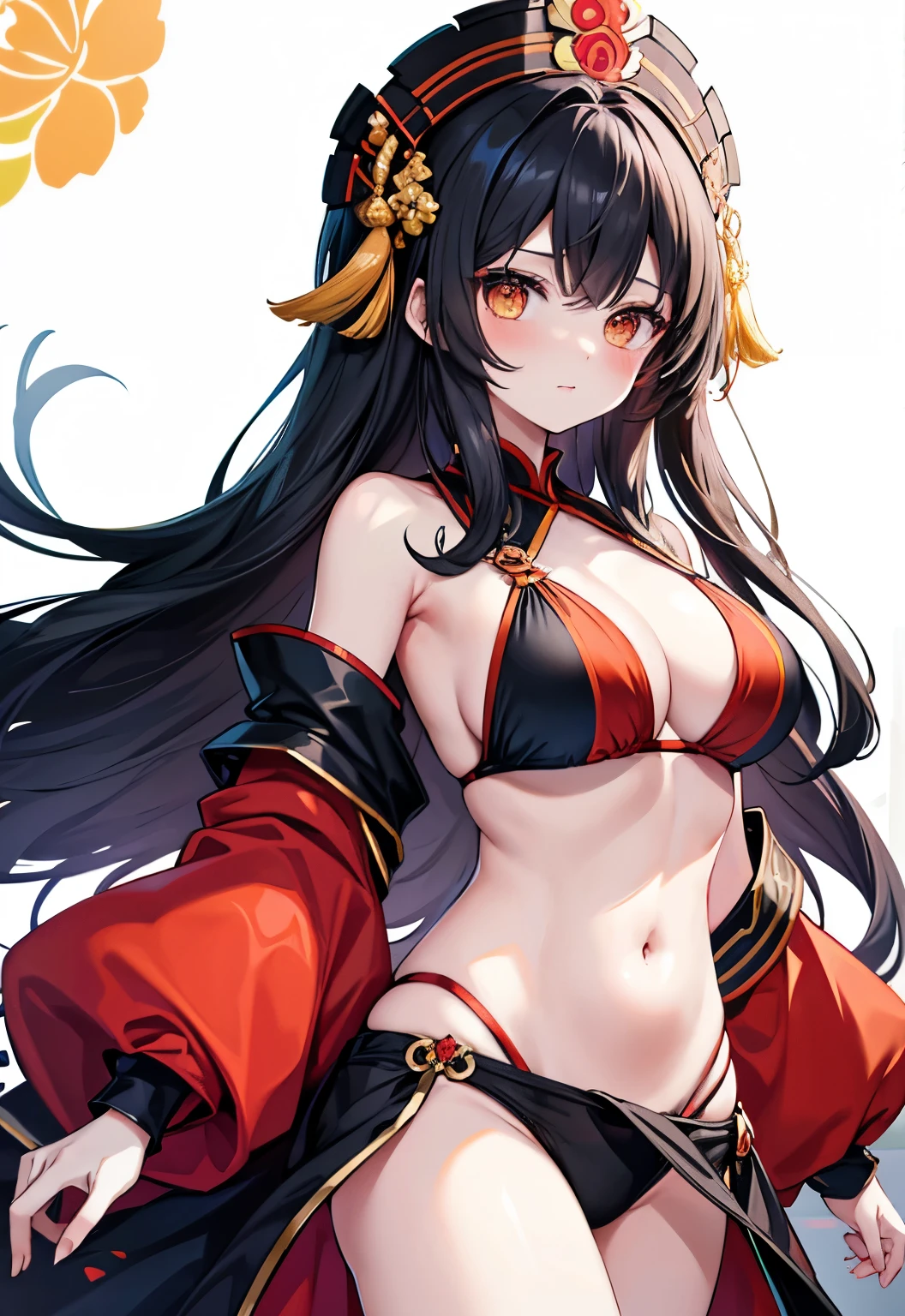 Black hair，Orange eyes，Long hair，，blush，Large Breasts，Red Sling Bikini，Bedroom Background，Immortal Cultivation，Zhuge fruit《Three Kingdoms Kill》