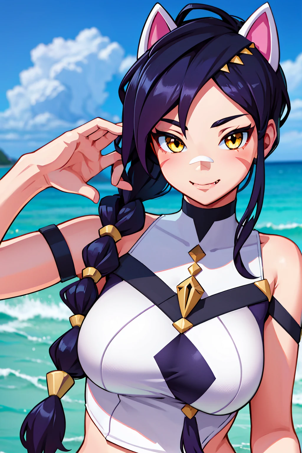 Erisa, 1girl, solo, long hair, looking at viewer, black hair, bandaid on face, yellow eyes, animal ears, smile, bandaid on nose, braid, cat ears, bandaid, bangs, breasts, fake animal ears, simple background, fang, bare shoulders, scar, bare shoulders, closed mouth, hair over one eye, portrait, hair over shoulder, legs, seductive, bathing suit, 2 piece swimsuit, beach, realistic, highly detailed face, detailed eyes, best quality, masterpiece, ultra detail, ultra high res, extreme detail, 8k, uhd, voluptuous