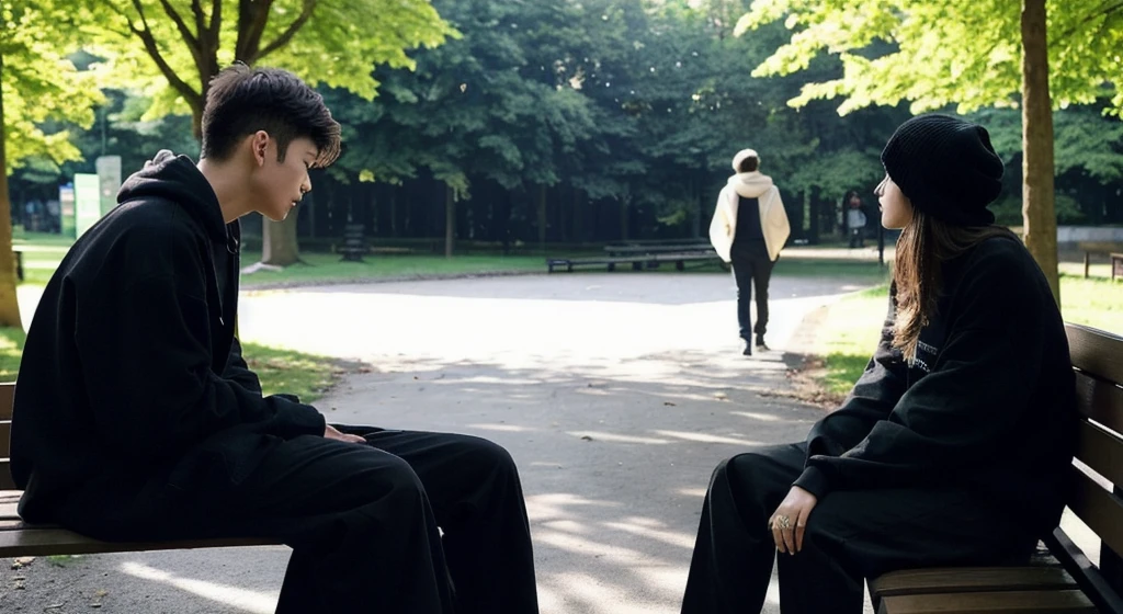 A woman talking to a guy wearing black clothes and a black hood, Can't see your face, they are in a park-like forest sitting on a bench 
