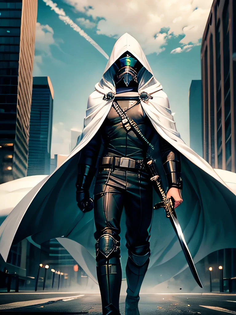 A tall muscular 17 year old boy with messy white hair, wearing a gas mask covering his face, a white cloak with its hood up and a black fullbody suit. Glowing green eyes and holding a black katana. In an urban city..