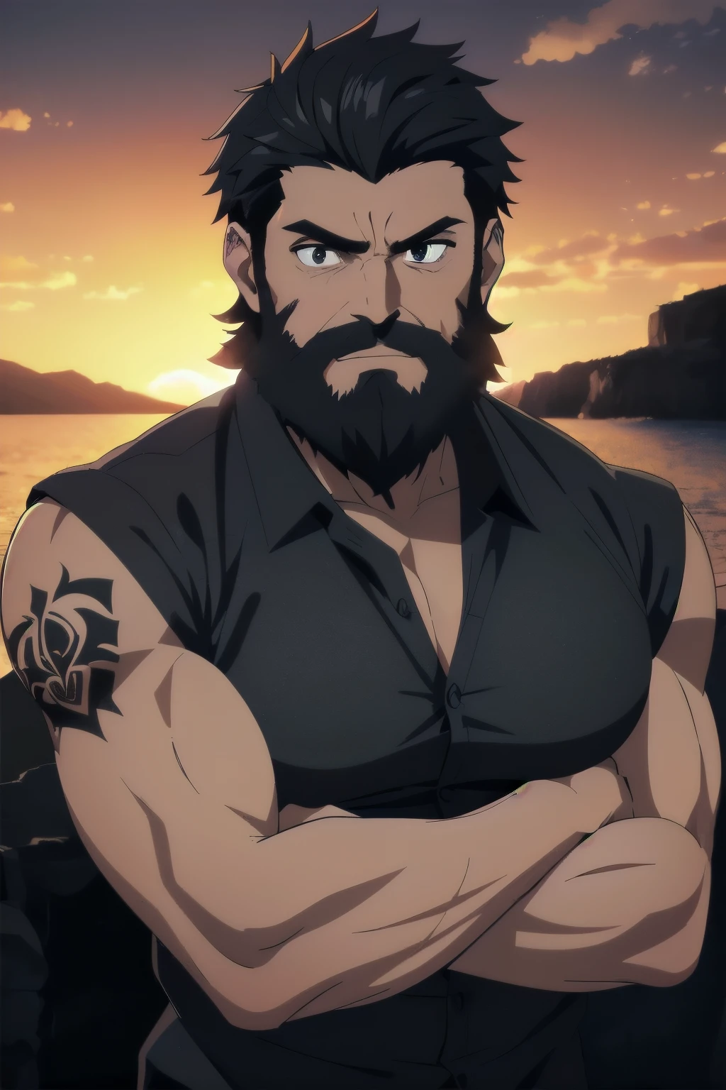 (masterpiece:1.5, highres, UHD, 4K, detailed lighting, shaders), a man with, black beard, long and wavy, scruffy and well-groomed, mature, rugged, masculine, facial hair, dark and thick, mysterious, brooding, intense, eyes piercing, piercing black eyes, strong jawline, sharp chiseled features, beard shadow, stubble, shaded to emphasize, high contrast, gray-black beard, black shirt, unbuttoned, showing muscular chest, tattoos, arms, muscle definition, open pose, gazing into the distance, outdoors, sunset, silhouette, thick outline,