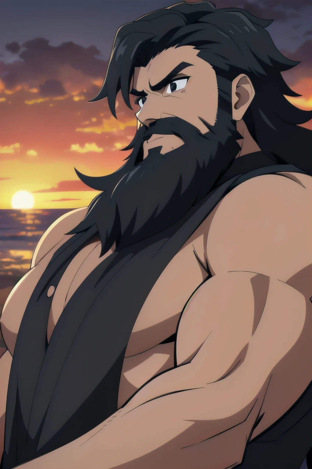 (masterpiece:1.5, highres, UHD, 4K, detailed lighting, shaders), a man with, black beard, long and wavy, scruffy and well-groomed, mature, rugged, masculine, facial hair, dark and thick, mysterious, brooding, intense, eyes piercing, piercing black eyes, strong jawline, sharp chiseled features, beard shadow, stubble, shaded to emphasize, high contrast, gray-black beard, black shirt, unbuttoned, showing muscular chest, tattoos, arms, muscle definition, open pose, gazing into the distance, outdoors, sunset, silhouette, thick outline,