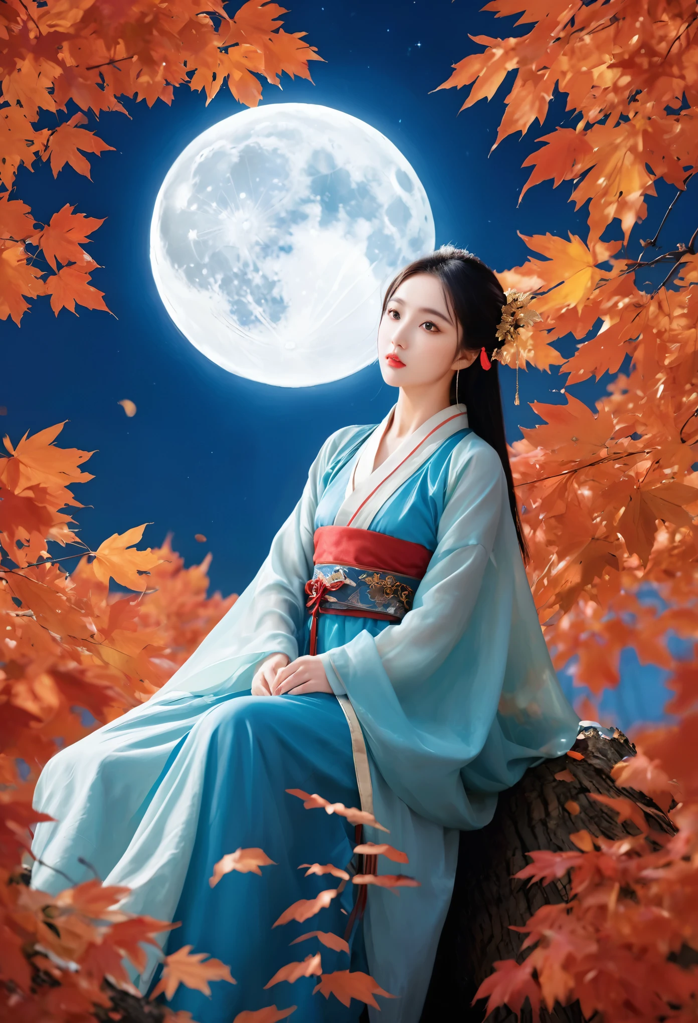 (masterpiece, best quality:1.2), full moon,A huge moon,moonlight,1girl,Girl's posture,autumn,autumn leaves,black hair,branch,breasts,falling leaves,in tree,Sitting on the trunk of a tree,Close range,Diagonal body,full body,Blue Hanfu,night,leaf,lips,long sleeves,looking at viewer,maple leaf,outdoors,sitting in tree,solo,tree,water
