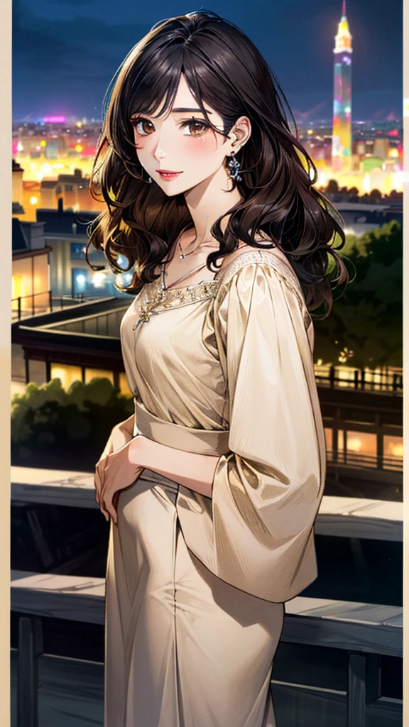 (masterpiece:1.3, Highest quality, Ultra-high resolution, Super detailed), (Realistic, photoRealistic:1.4), Beautiful illustrations, Perfect lighting, colorful, Depth of written boundary, 
Beautiful detailed hair, Beautifully detailed face, Beautiful fine details, Beautiful clavicle, Beautiful body, 美しいLarge Breasts, Beautiful thighs, Beautiful feet, Beautiful fingers, 
View Viewer、Front view:0.6, Beauty1人, Japanese, Beauty、30 years old, Perfect Face, (Perfect Anatomy, Anatomically correct), Cute and symmetrical face, Baby Face, , Shiny skin, 
((burgundy long skirt 1.5))、((Beige blouse:1.4)), 
(Black Hair, Medium Wavy Hair:1.4),  Dark brown eyes, (Large Breasts), Slim body, 
necklace, (Small earrings:1.3), 
(Beautiful views), (night), (city, cityscape in the distance), Standing with good posture, A soft smile、(Smile, Lips parted), 