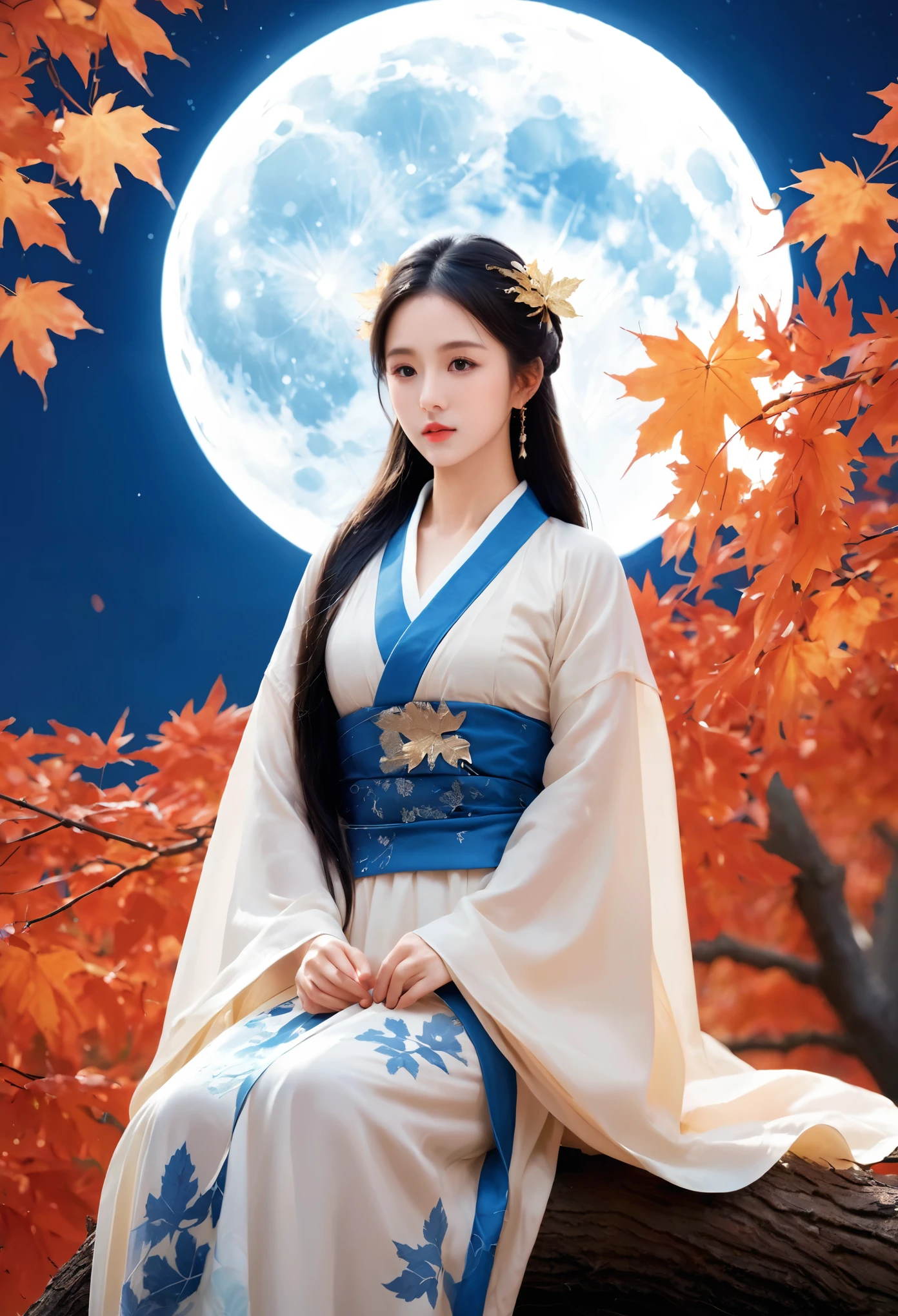 (masterpiece, best quality:1.2), full moon,A huge moon,moonlight,1girl,Girl's posture,autumn,autumn leaves,black hair,branch,breasts,falling leaves,in tree,Sitting on the trunk of a tree,Close range,Diagonal body,full body,Blue Hanfu,night,leaf,lips,long sleeves,looking at viewer,maple leaf,outdoors,sitting in tree,solo,tree,water
