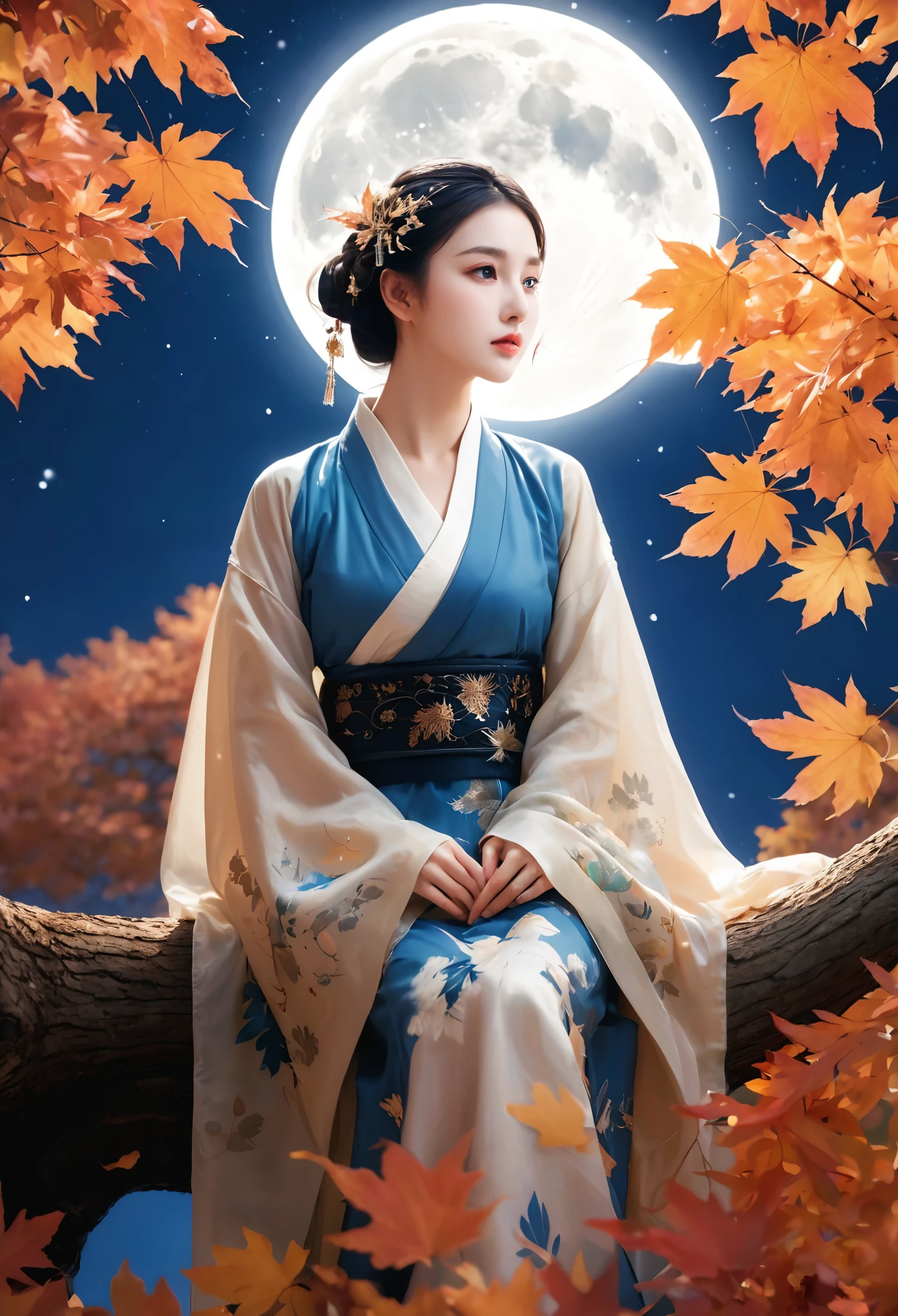 (masterpiece, best quality:1.2), full moon,A huge moon,moonlight,1girl,Girl's posture,autumn,autumn leaves,black hair,branch,breasts,falling leaves,in tree,Sitting on the trunk of a tree,Close range,Diagonal body,full body,Blue Hanfu,night,leaf,lips,long sleeves,looking at viewer,maple leaf,outdoors,sitting in tree,solo,tree,water
