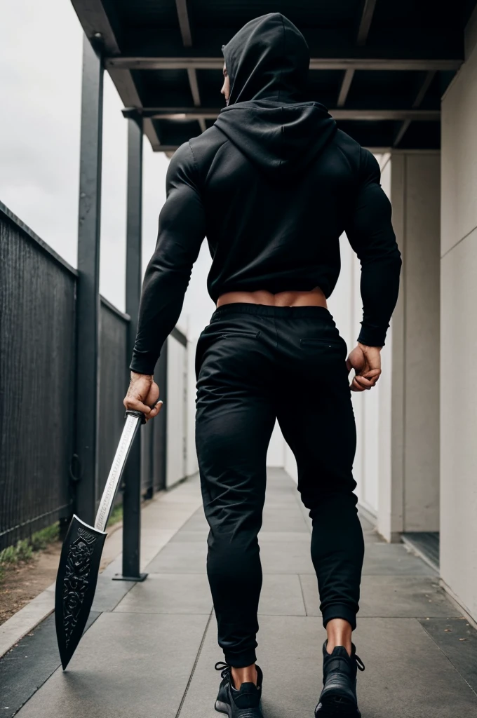 Backshot of a muscular man wearing black hoodie, black pant and black shoes walking bravely and slowly with his sword in his hand going to fight with a huge white dragon