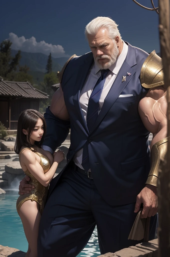 ((One boy)Huge muscular big dick old man in armor) At the hot spring((One girl) Woman in a suit) 