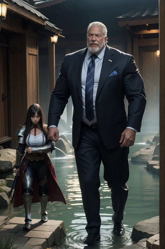((One boy)Huge muscular big dick old man in armor) At the hot spring((One girl) Woman in a suit)