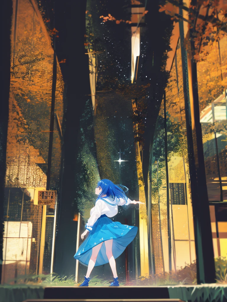 anime girl dancing and looking at a mystical sky