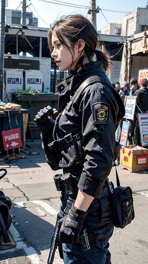 masterpiece, high quality, hires, 1man, solo, swat officer, (perfect hands, matching gloves, fingerless gloves, holding weapon, Heckler & Koch MP5), standing, on patrol, los angeles market backdrop, looking away