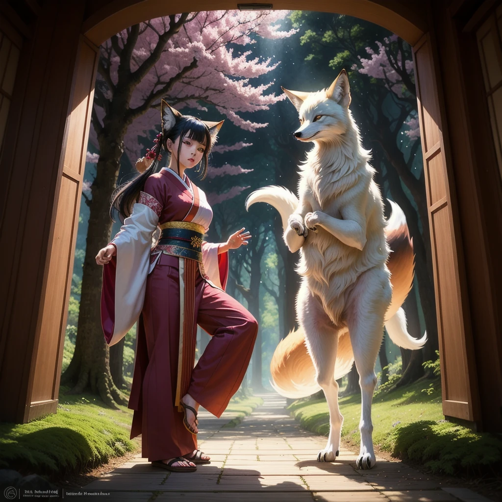 Anime style, full-body dynamic pose of a female onmyouji with a fan and a white spirit fox named Haku in a mystical forest with floating cherry blossoms and ancient Japanese architecture, performing a spell with magical glow and soft, ethereal lighting --ar 9:16 --s 0 --v 6.0 --style raw
