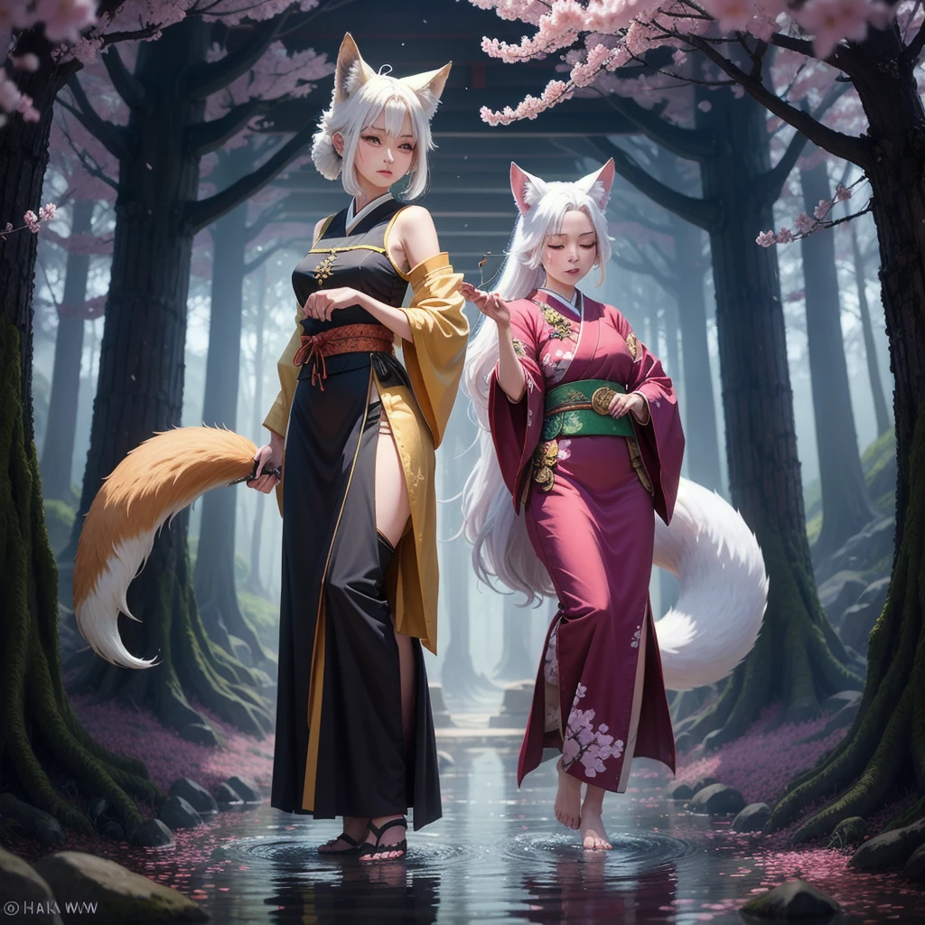 Anime style, full-body dynamic pose of a female onmyouji with a fan and a white spirit fox named Haku in a mystical forest with floating cherry blossoms and ancient Japanese architecture, performing a spell with magical glow and soft, ethereal lighting --ar 9:16 --s 0 --v 6.0 --style raw