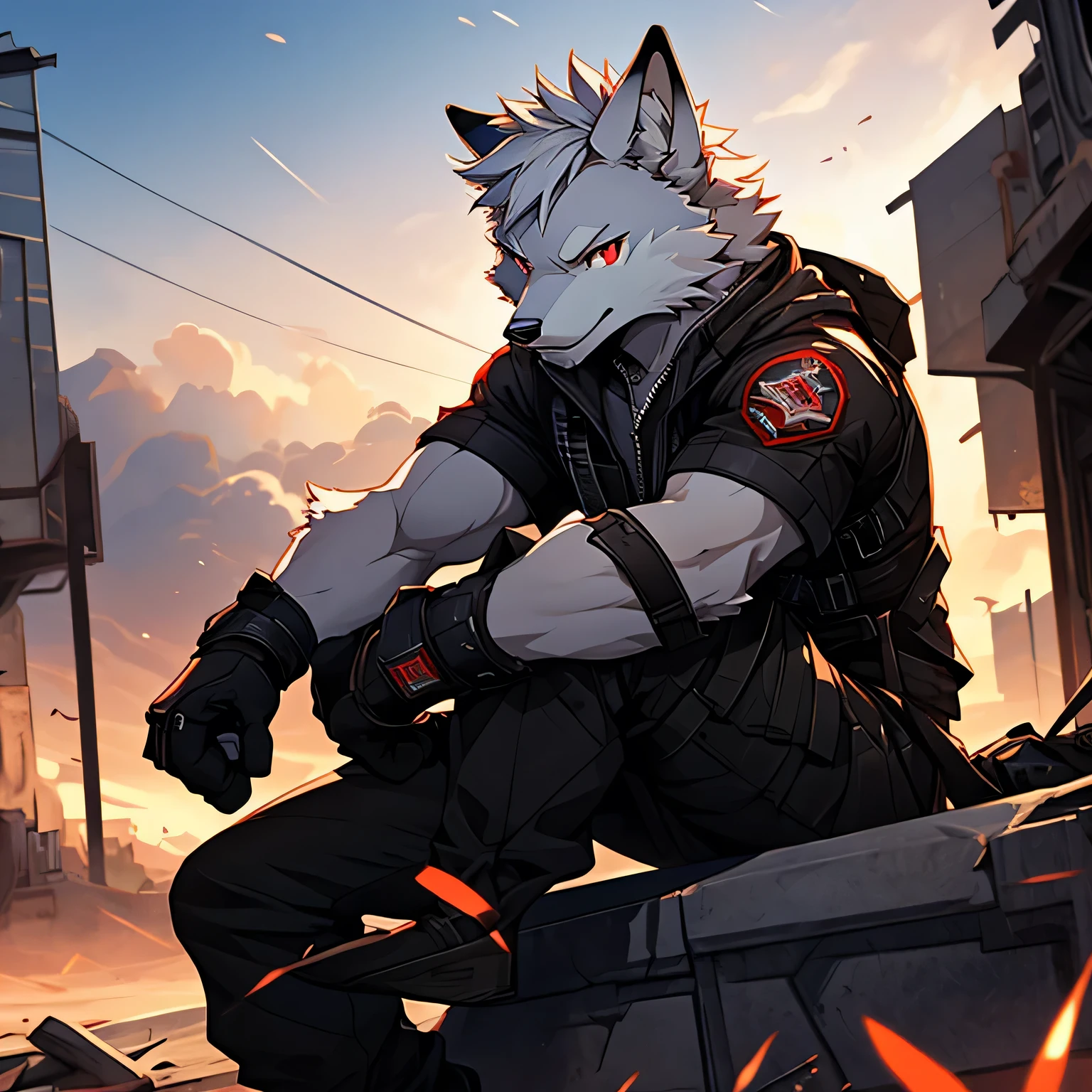 Masterpiece, Solo, Cool Pose, Furry White arctic fox, Medium Strong Body, Red Eyes, White short Hair, Combat Black Shirt, Combat Gloves, Combat Pants, Fierce, Good looking, Sitting, Morning, Apocalypse Background