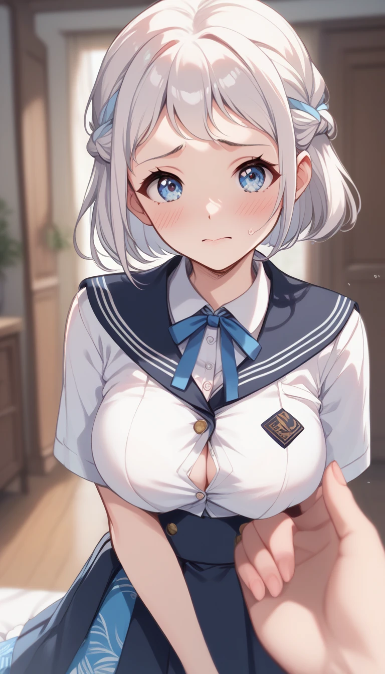 16k,1girl, lilja-default,katsuragi lilja,blue eyes,white hair,short hair,braid,,sailor collar,neck ribbon, white shirt,layered skirt,high-waist skirt,pov,looking view,blush,embarrassed,(((big breast))),((Big Tits)),The chest is open,cleavege,breast focus,NSFW,beautiful face,beautiful eyes,details eyes