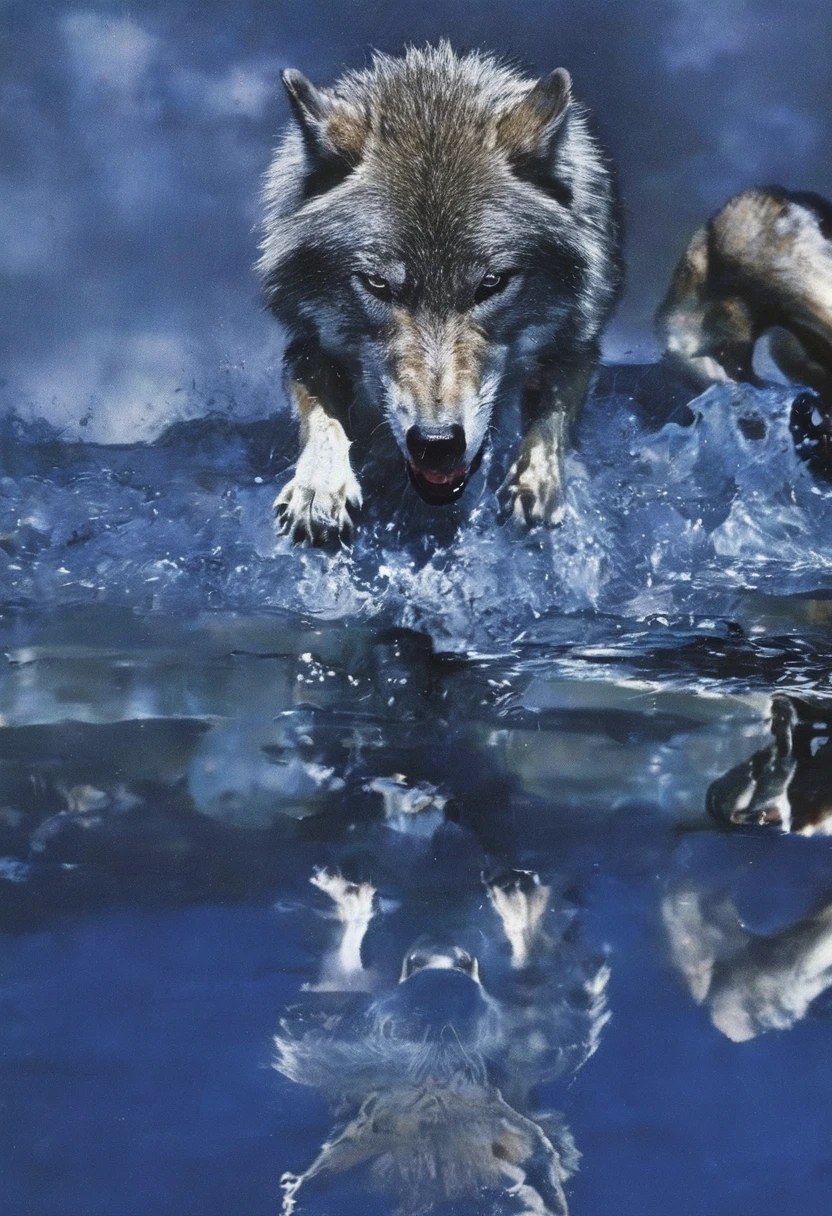 woman wolf in water reflection, blue bacground