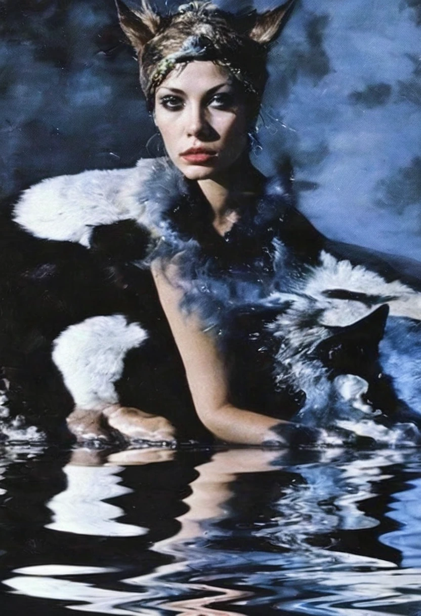 woman wolf in water reflection, blue bacground