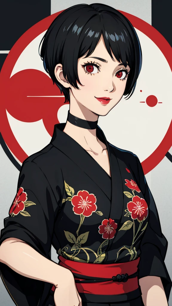 1girl, smile, red eyes, tomboy Pixie haircut, very Short hair, black hair, black choker, yukata, lipstick, portrait 