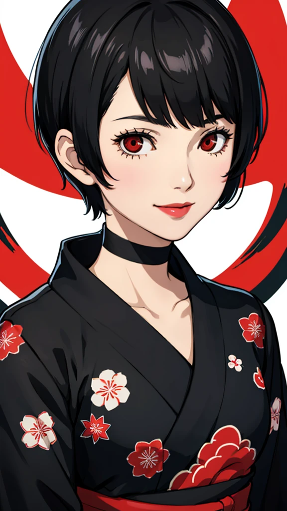 1girl, smile, red eyes, tomboy Pixie haircut, very Short hair, black hair, black choker, yukata, lipstick, portrait