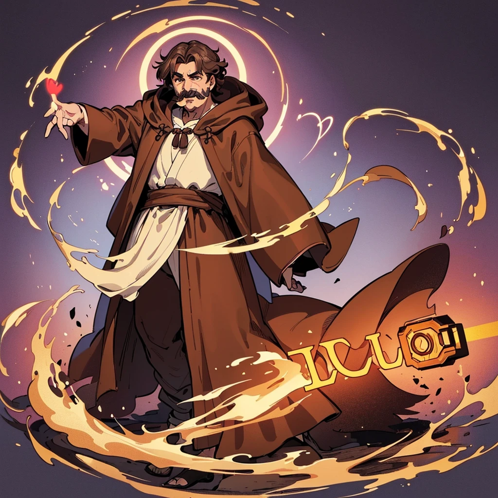 (Full body character concept、detailed)、((((Solo))))、Highest quality, Best Quality,Best illustrations、middle ages、(((Simple brown robe)))、(40-year-old uncle、Kaiser moustache)、(Eyes are hearts、smile、Open your mouth)