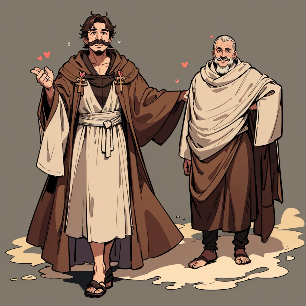 (Full body character concept、detailed)、((((Solo))))、Highest quality, Best Quality,Best illustrations、middle ages、(((Simple brown robe)))、(40-year-old uncle、Kaiser moustache)、(Eyes are hearts、smile、Open your mouth)