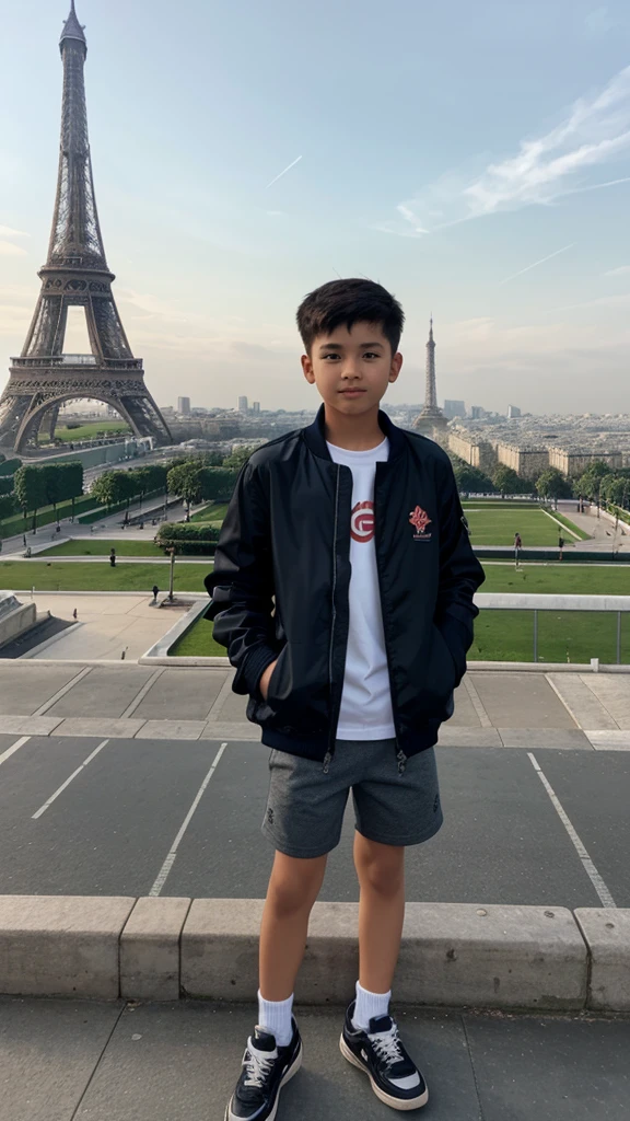 A boy wear jacket & sneakers at menara Eiffel Paris