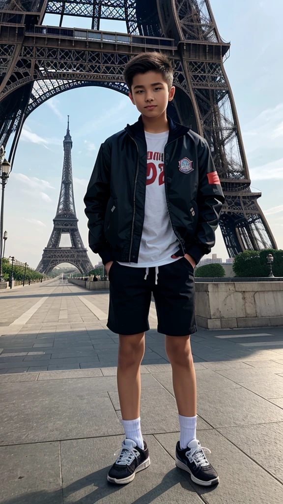 A boy 14 years old wear jacket & sneakers at menara Eiffel Paris
