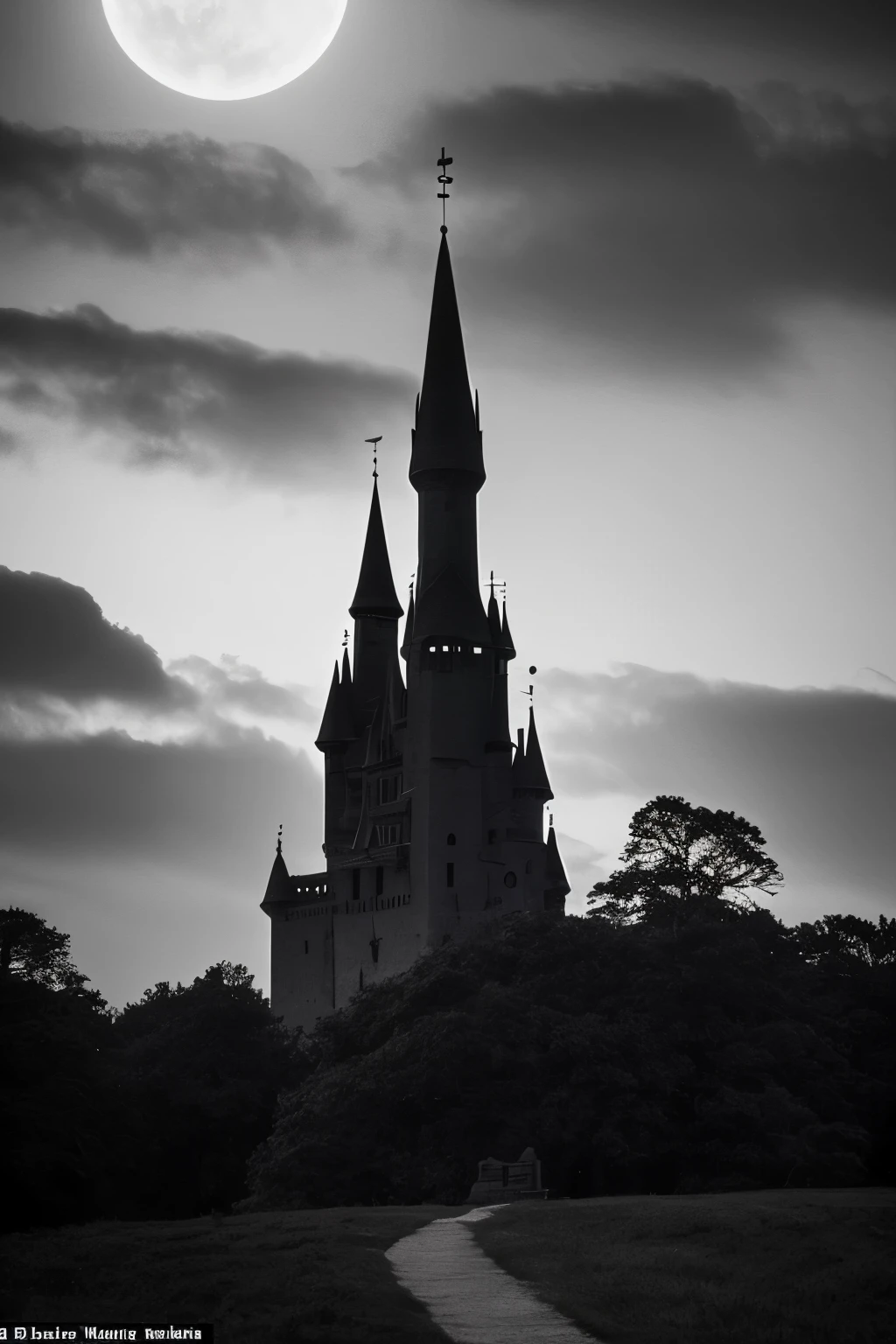 A grand monument to antiquity, a tall castle in ruins, nestled deep within the heart of an ancient forest, bathed in the ethereal glow of a moonlit night. The crumbling stones, weathered by time, stand as silent sentinels, their towering silhouettes casting long shadows on the moss-covered ground below.
As one delves deeper into the forest, the castle's silhouette gradually emerges from the darkness, its towers reaching out towards the star-studded sky. The brooding atmosphere is broken by a solitary beam of candlelight, streaming out from a higher window, casting a warm, inviting glow.
Within the castle,