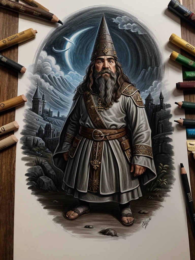 Generates a drawing illustration of a dwarf, rubio, medieval, llorando, mientras construye un castillo de paredes negras y suelo gris, dibujo estilo fantasia oscura, pintura