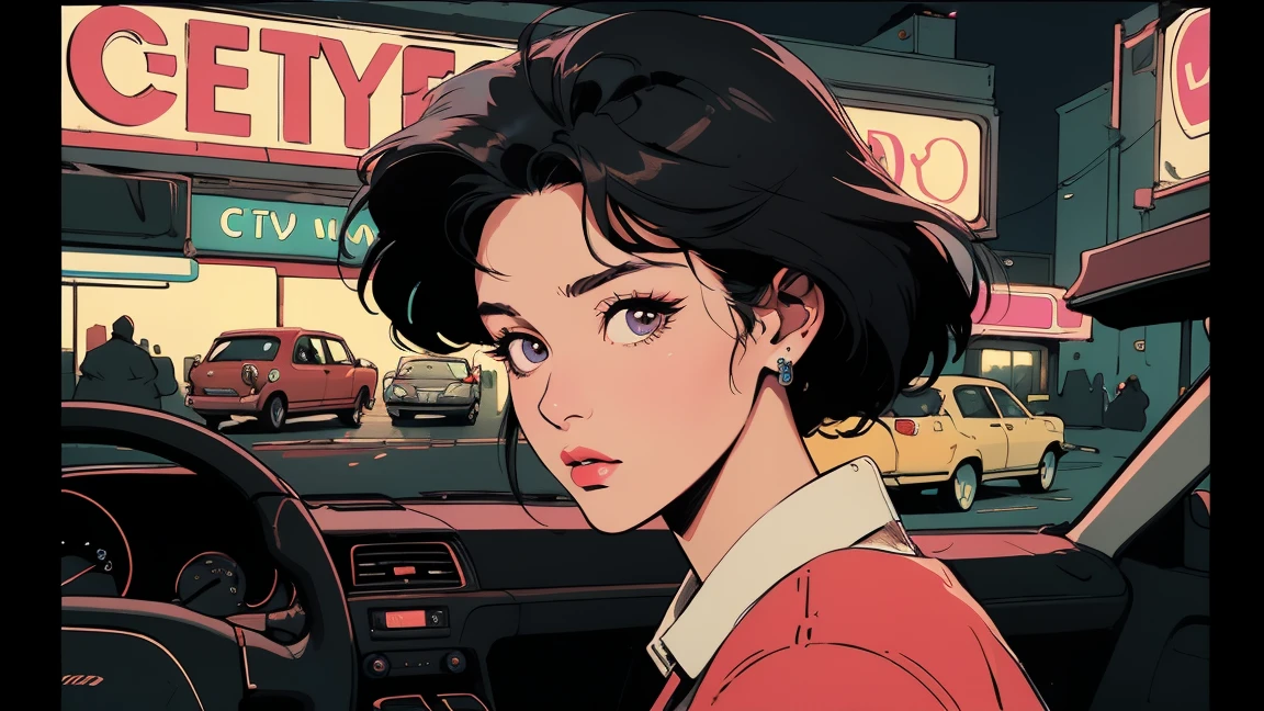 ((best quality)), ((masterpiece)), (detailed), perfection, realistic, high fashion, 16:9, Stylish Korean woman from the 90s, City background with neon signs, Woman driving a car and looking at the camera, a scene from a movie, photos for posters