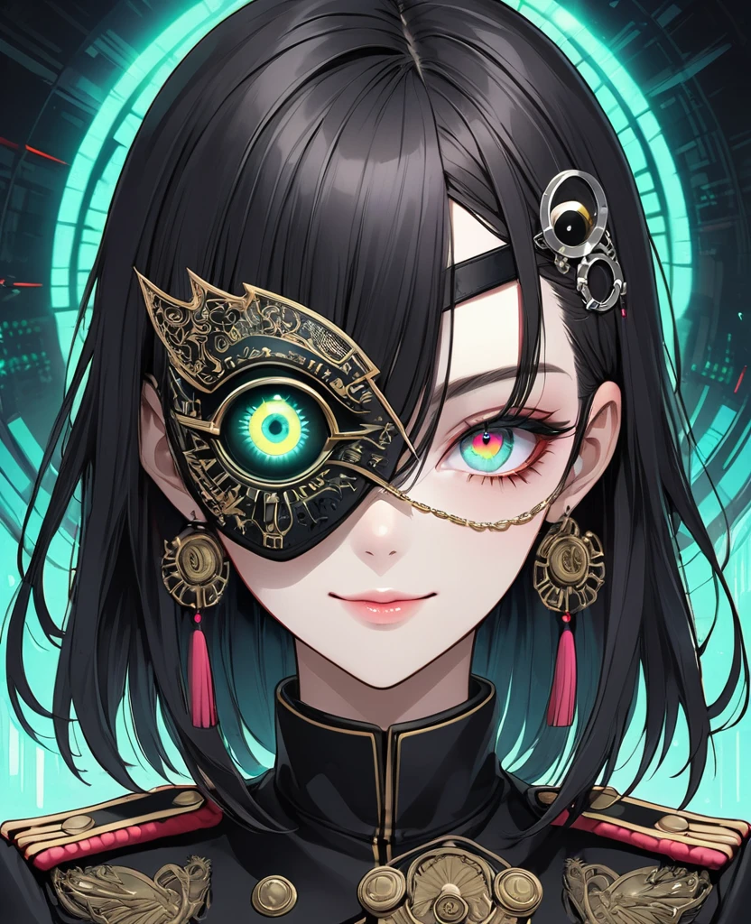 (Digital Illustration,Detailed anime style,Heavy Metal Cyberpunk,Pearl tassel eye mask,Portrait of girl wearing mask eye patch,Solitary,symmetry),(Big colorful eyes,Fashionable and exquisite facial features,Exquisite makeup,Smooth skin,Smile,Soulful gaze,),(Straight Hair,Hairpin),(Black suit,Epaulettes-Chain,cool,),(((Correct human anatomy))),Radioactive geometric dynamic light wave background