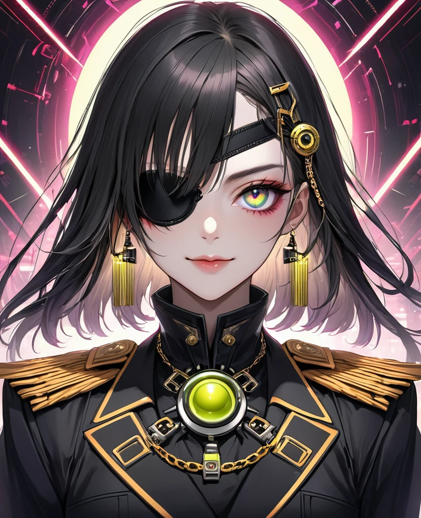 (Digital Illustration,Detailed anime style,Heavy Metal Cyberpunk,Pearl tassel eye mask,Portrait of girl wearing mask eye patch,Solitary,symmetry),(Big colorful eyes,Fashionable and exquisite facial features,Exquisite makeup,Smooth skin,Smile,Soulful gaze,),(Straight Hair,Hairpin),(Black suit,Epaulettes-Chain,cool,),(((Correct human anatomy))),Radioactive geometric dynamic light wave background