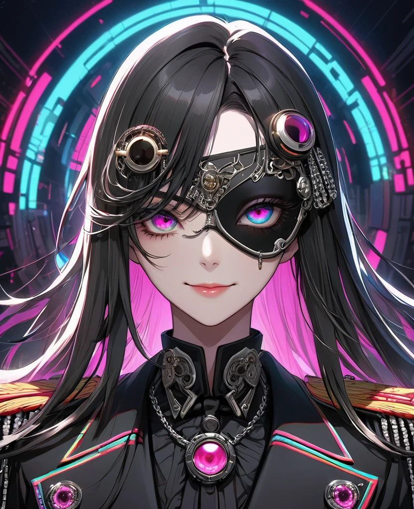 (Digital Illustration，Detailed anime style，Heavy Metal Cyberpunk，Pearl tassel eye mask，Portrait of girl wearing mask eye patch，Solitary，symmetry)，(Big colorful eyes，Fashionable and exquisite facial features，Exquisite makeup，Smooth skin，Smile，Soulful gaze，)，(Straight Hair，Hairpin)，(Black suit，Epaulettes-Chain，cool，)，(((Correct human anatomy)))，Radioactive geometric dynamic light wave background