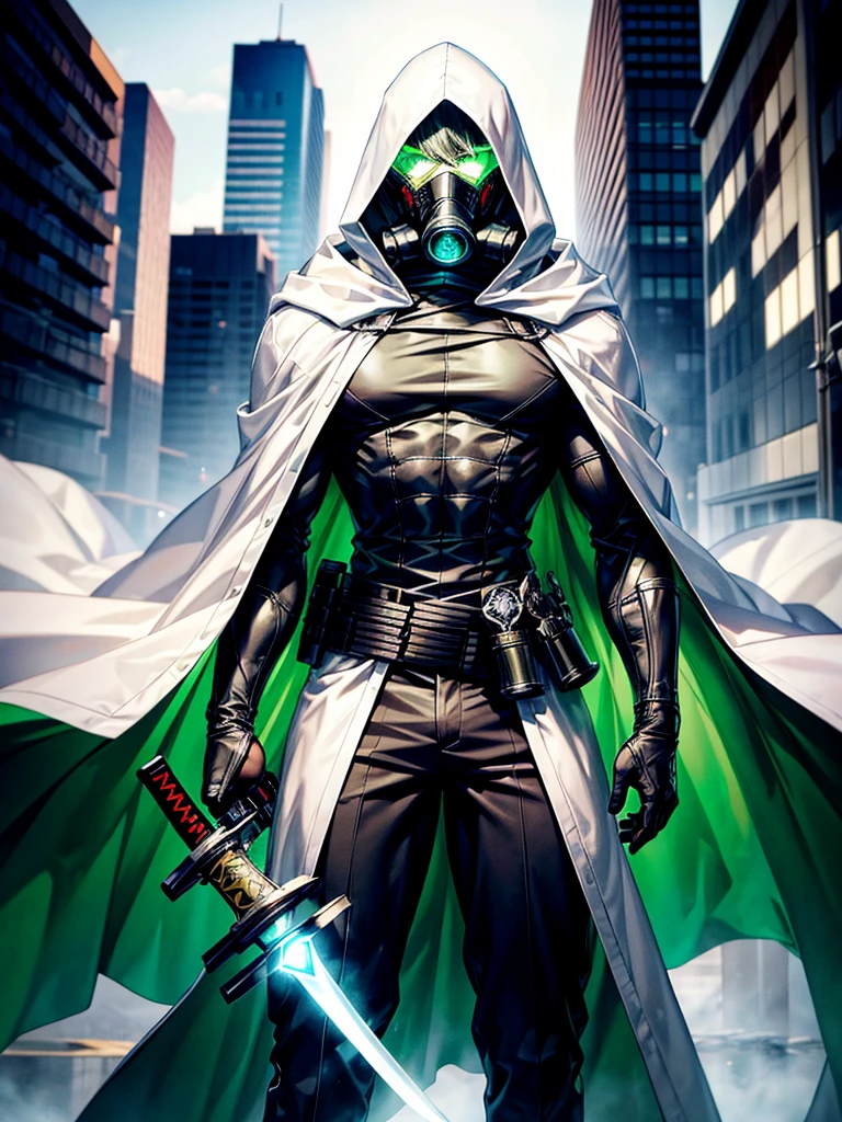 A tall muscular 17 year old boy with messy white hair, wearing a black gas mask covering his face, a white cloak with its hood up and a black fullbody suit. Glowing green eyes and holding a green katana. In an urban city.