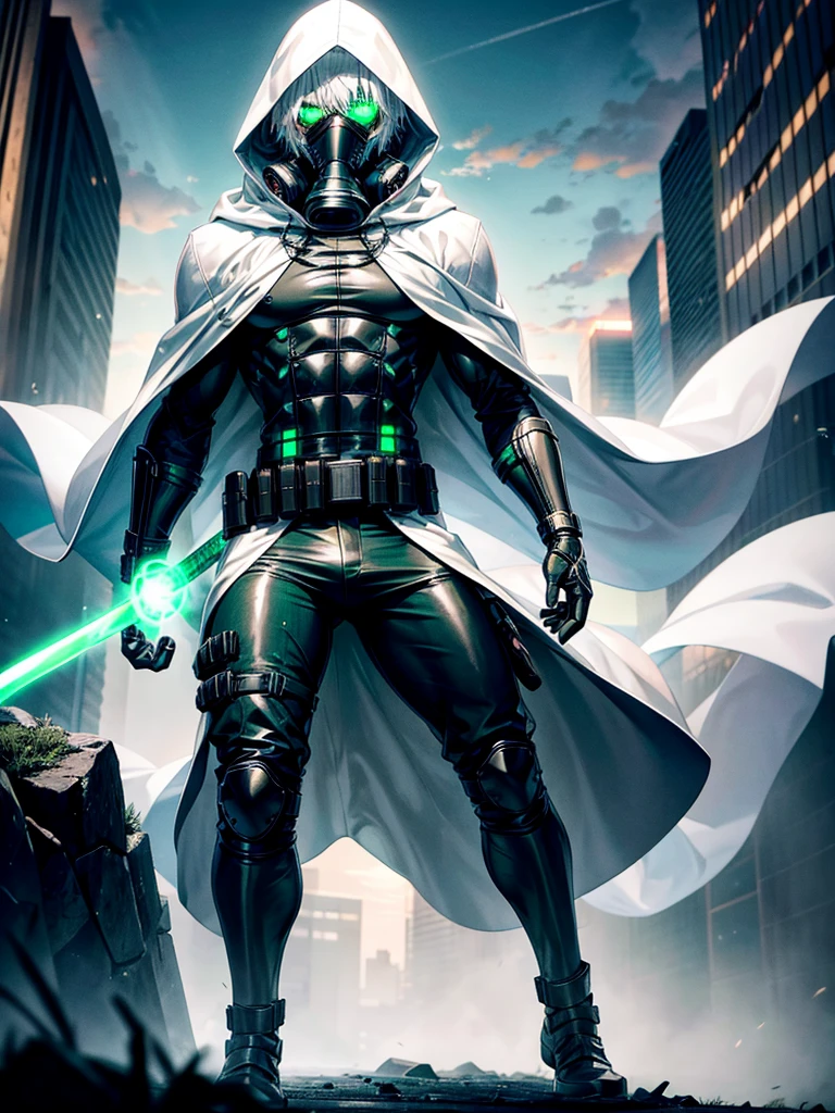 A tall muscular 17 year old boy with messy white hair, wearing a black gas mask covering his face, a white cloak with its hood up and a black fullbody suit. Glowing green eyes and holding a green katana. In an urban city.