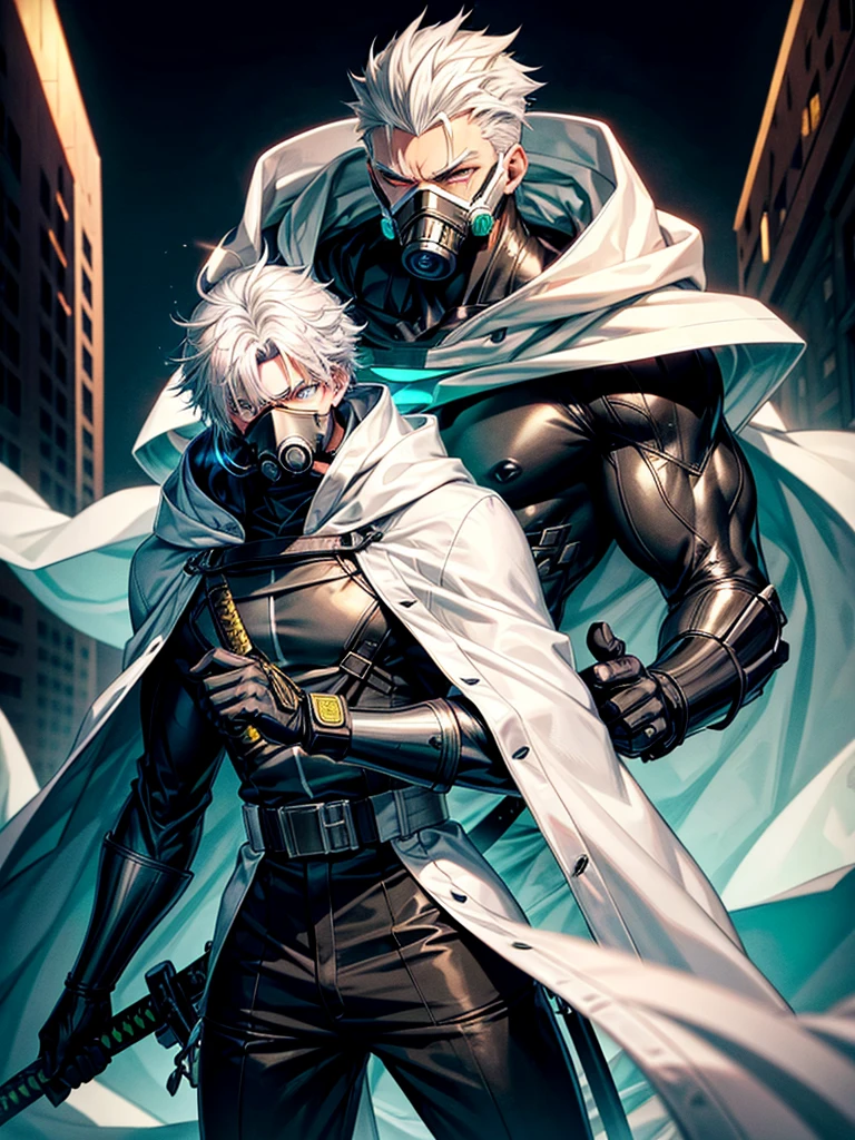 A tall muscular 17 year old boy with messy white hair, wearing a black gas mask covering his face, a white cloak with its hood up and a black fullbody suit. Glowing green eyes and holding a green katana. In an urban city.