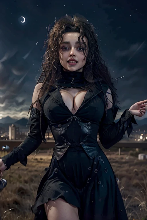 Bellatrix lestrange, con gran escote, sonrisa malvada, cuerpo entero, volando en su escoba de bruja por el cielo nocturno, melena al viento, mirada penetrante