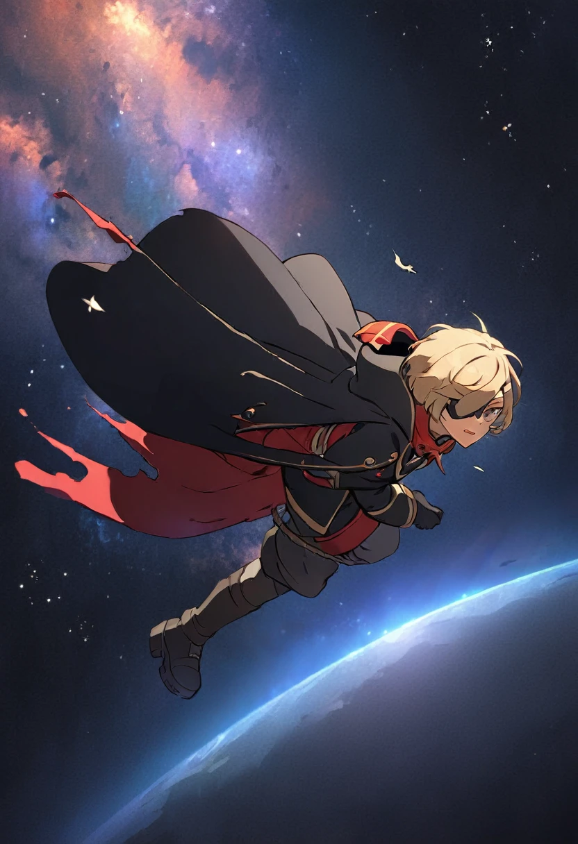 Captain Harlock, Eye Patch, black cape fluttering, space background,