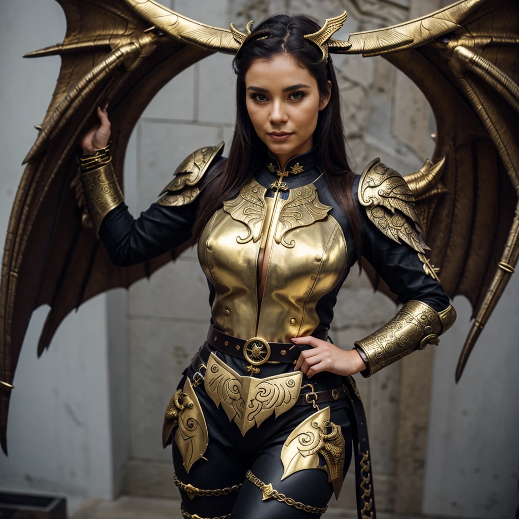 Very beautiful iron Lady Dragon with wings and horns in steel loutfit with gold belt and gold ribbons on her legs.