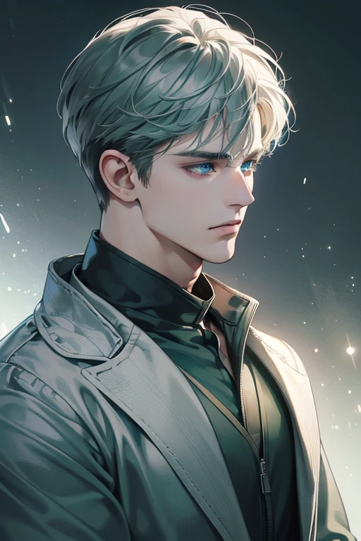 (best quality digital art digital illustration 4k high resolution beautiful image hyper-detailed image perfect lines soft lighting night environment smooth zoom perfect face) (1:1 photorealistic) (neutral colors hdr 1.4) an adult 35 year old man (thoughtful expression) very beautifu blue l eyes deep grey green medium hair modern clothes black (dark background)