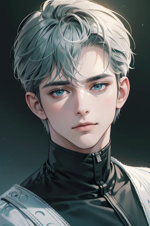 (best quality digital art digital illustration 4k high resolution beautiful image hyper-detailed image perfect lines soft lighting night environment smooth zoom perfect face) (1:1 photorealistic) (neutral colors hdr 1.4) an adult 35 year old man (thoughtful expression) very beautifu blue l eyes deep grey green medium  hair modern clothes black (dark background)