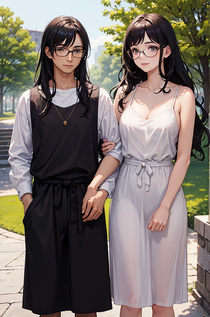 (masterpiece:1.2), high quality, high resolution, a devoted 25-year-old man with his girlfriend, black curly hair, wearing glasses, no beard, slightly awkward demeanor, 21-year-old woman, long black hair, not wearing glasses, , wearing a light blue sleeveless dress, happily spending time together in a park, realistic, detailed, intricate, natural lighting, realistic style