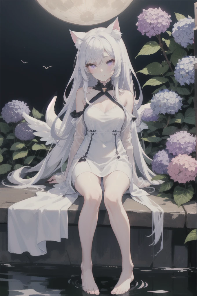 Her fluffy, long white hair that reaches down to her knees is attractive., Detailed and precise manual work, Attractive girl, White cat ears, look at me, Purple eyes and white eyelashes,Her cheeks turned red,Big angel wings,Above the water, A subject that stands out against the dark night sky,A lot of hydrangea, White Dress, Dramatic moonlight that makes your subject stand out, barefoot,Ankle decoration,