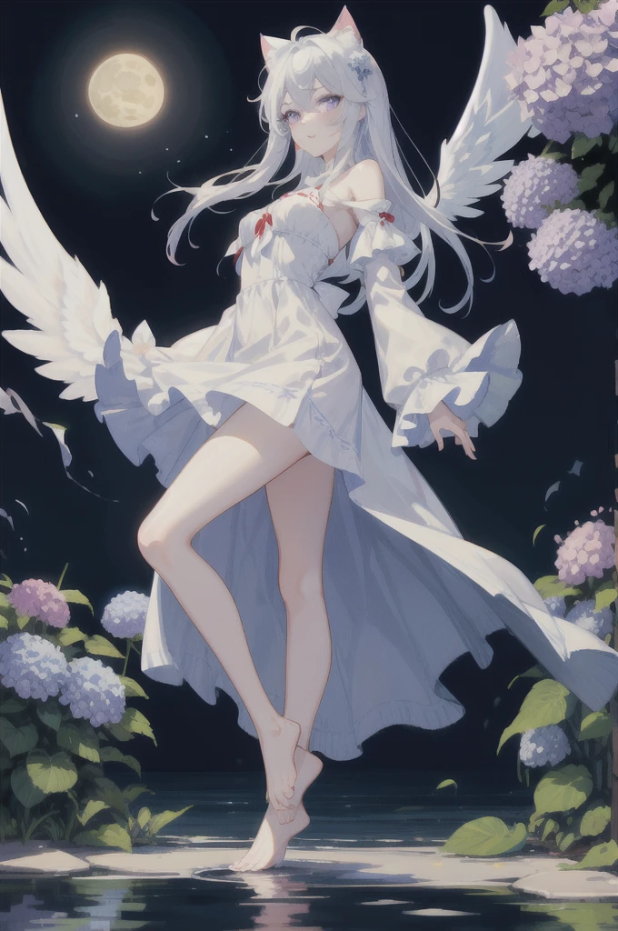 Her fluffy, long white hair that reaches down to her knees is attractive., Detailed and precise manual work, Attractive girl, White cat ears, look at me, Purple eyes and white eyelashes,Her cheeks turned red,Big angel wings,Above the water, A subject that stands out against the dark night sky,A lot of hydrangea, White Dress, Dramatic moonlight that makes your subject stand out, barefoot,Ankle decoration,
