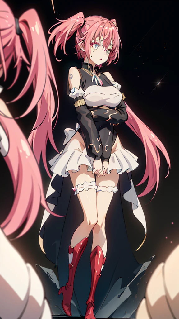 Masterpiece、最high quality、high quality、High definition、High resolution、High detail、Lens flare、Ray Tracing、high qualityなテクスチャー、high qualityな影、Beautiful details、Detailed explanation、Detailed texture、Realistic facial expression、Realistic and colorful、Delicate、Cinematic Light、Side light、Sharp Focus、(1 Female:1.3)、(Intricate details、Makeup、Pure Eros Face_v1:0.5)、(Details Beautiful delicate face、Detailed beautiful delicate eyes、Perfect Facial Proportions、Detailed skin、Charm)、Fancy Twin Tails、Beautiful bangs、Pink Hair、（Two-tone gradient hair color）、slender、(Large upward-facing breasts)、(Detailed crotch、V-Cut、High Leg、Thong)、Thighs、Dress shirt、Removing the Sleeve、boots、Provocative attitude、Release your knees、Leg spread、Raise your arms、Low-angle composition、(Take a deep breath、Work on this image step by step)
