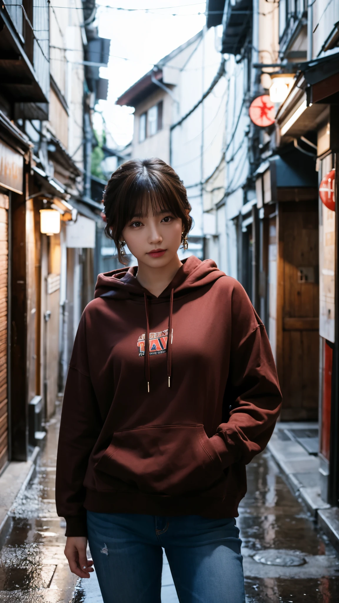 (Highest quality,masterpiece:1.3,Ultra-high resolution),(Super detailed,Caustics,8k), (Photorealistic:1.4, RAW shooting),Japanese,20-year-old,Natural brown short hair,Earrings,Natural Makeup,Red lipstick,Black hoodie,jeans,Rainy Sky,Dim Alley,Low position,Low - Angle,Bust up shot