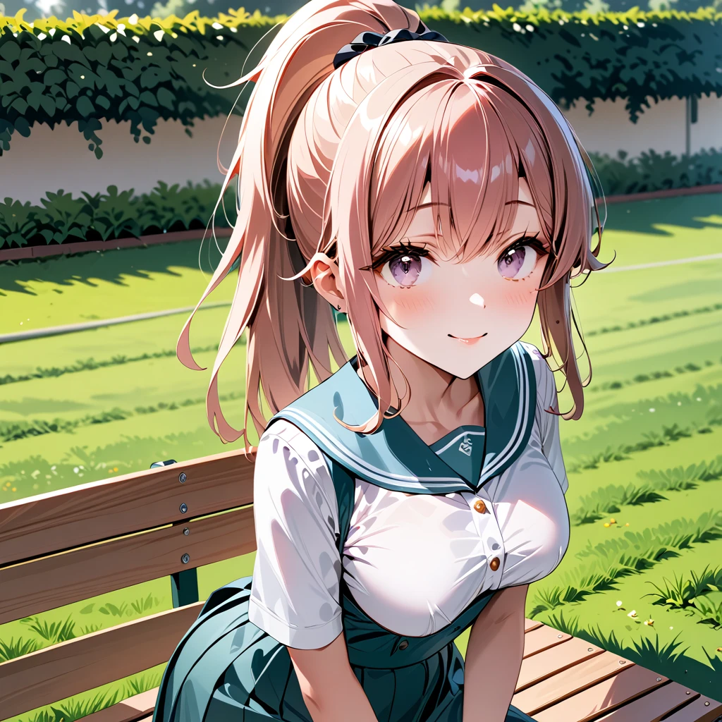 ultra-detailed,masterpiece,best quality,jcf, 1girl,,upper body,breast enhancement、close up,school garden,bench,smile,shirt,skirt, Pink Hair、High Ponytail、Light purple eyes、A mean look、Chuckle((smile))((very cute))((Young))(((Close your mouth)))((Droopy eyes))(((High Ponytail)))