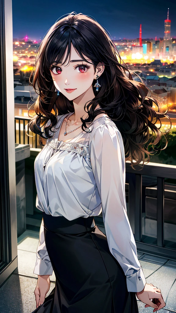 (masterpiece:1.3, Highest quality, Ultra-high resolution, Super detailed), (Realistic, photoRealistic:1.4), Beautiful illustrations, Perfect lighting, colorful, Depth of written boundary, 
Beautiful detailed hair, Beautifully detailed face, Beautiful fine details, Beautiful clavicle, Beautiful body, 美しいLarge Breasts, Beautiful thighs, Beautiful feet, Beautiful fingers, 
View Viewer、Front view:0.6, Beauty1人, Japanese, Beauty、30 years old, Perfect Face, (Perfect Anatomy, Anatomically correct), Cute and symmetrical face, Baby Face, , Shiny skin, 
((blouse:1.4)), ((burgundy long skirt 1.5))、
(Black Hair, Medium Wavy Hair:1.4),  Dark brown eyes, (Large Breasts), Slim body, 
necklace, (Small earrings:1.3), 
(Beautiful views), (night), (city, cityscape in the distance), Standing with good posture, A soft smile、(Smile, Lips parted), 
