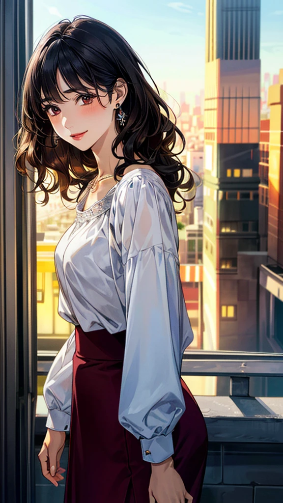 (masterpiece:1.3, Highest quality, Ultra-high resolution, Super detailed), (Realistic, photoRealistic:1.4), Beautiful illustrations, Perfect lighting, colorful, Depth of written boundary, 
Beautiful detailed hair, Beautifully detailed face, Beautiful fine details, Beautiful clavicle, Beautiful body, 美しいLarge Breasts, Beautiful thighs, Beautiful feet, Beautiful fingers, 
View Viewer、Front view:0.6, Beauty1人, Japanese, Beauty、30 years old, Perfect Face, (Perfect Anatomy, Anatomically correct), Cute and symmetrical face, Baby Face, , Shiny skin, 
((blouse:1.4)), ((burgundy long skirt 1.5))、
(Black Hair, Medium Wavy Hair:1.4),  Dark brown eyes, (Large Breasts), Slim body, 
necklace, (Small earrings:1.3), 
(Beautiful views), (night), (city, cityscape in the distance), Standing with good posture, A soft smile、(Smile, Lips parted), 