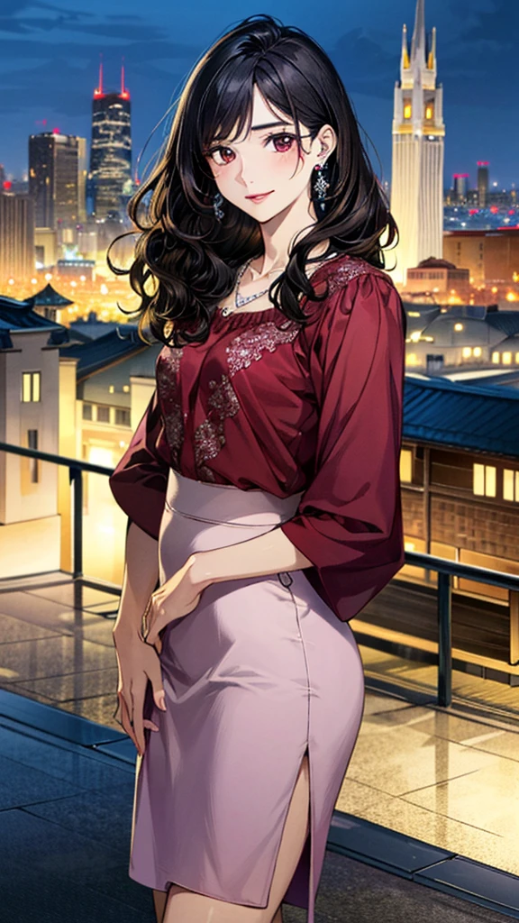 (masterpiece:1.3, Highest quality, Ultra-high resolution, Super detailed), (Realistic, photoRealistic:1.4), Beautiful illustrations, Perfect lighting, colorful, Depth of written boundary,
Beautiful detailed hair, Beautifully detailed face, Beautiful fine details, Beautiful clavicle, Beautiful body, 美しいLarge Breasts, Beautiful thighs, Beautiful feet, Beautiful fingers,
View Viewer、Front view:0.6, Beauty1人, Japanese, Beauty、30 years old, Perfect Face, (Perfect Anatomy, Anatomically correct), Cute and symmetrical face, Baby Face, , Shiny skin,
((blouse:1.4)), ((burgundy long skirt 1.5))、
(Black Hair, Medium Wavy Hair:1.4), Dark brown eyes, (Large Breasts), Slim body,
necklace, (Small earrings:1.3),
(Beautiful views), (night), (city, cityscape in the distance), Standing with good posture, A soft smile、(Smile, Lips parted),
